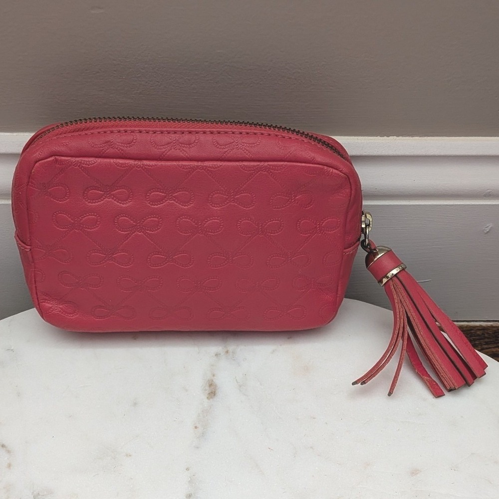 Anya Hindmarch Pink Embossed Bow Leather Cosmetic Makeup Bag Tassel Pouch Clutch - Picture 3 of 6